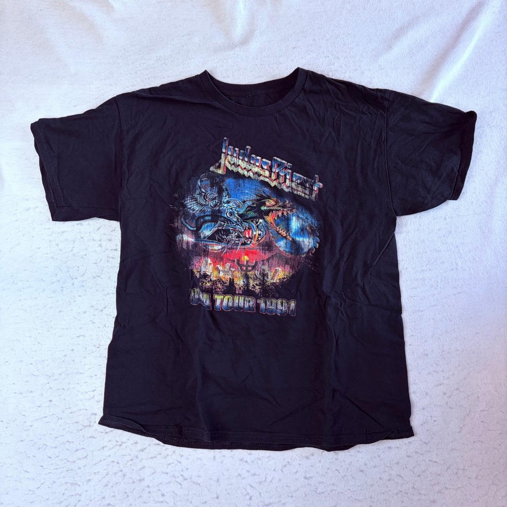 Judas Priest T-Shirt Mens XL Black Graphic On Tour 1991 Band Tee